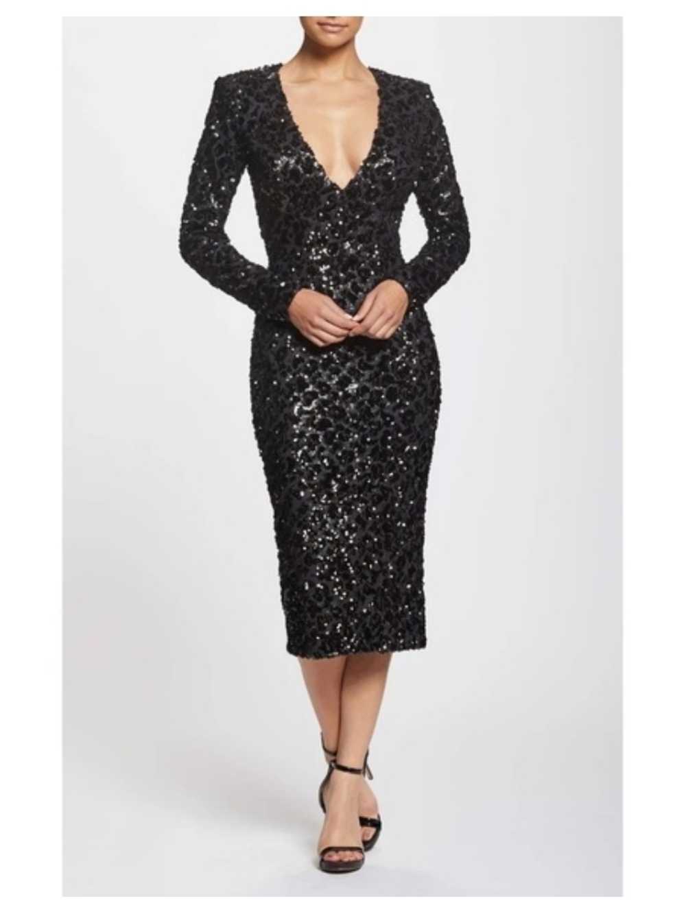 Dress the Population Elizabeth Black Sequin Plunge Midi Dress Size S